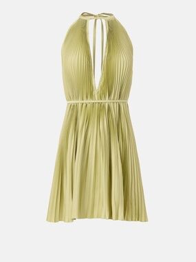 L'IDEE Boheme Mini Dress Pleated Halter Sage Green Tie Waist - Size US 2